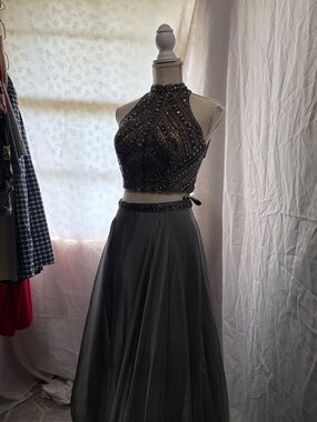 Milano Beaded Charcoal Two-Piece Prom Dress